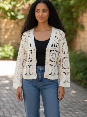 Mystree Crochet Openwork Cardigan Sweater Cream